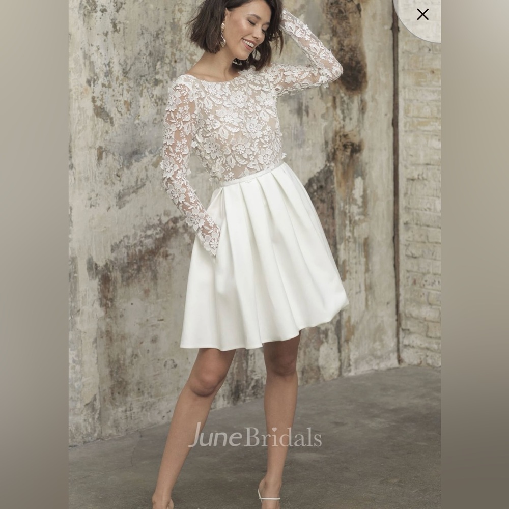 A Line Knee-length Satin Lace Bateau Long Sleeve Wedding Dress
